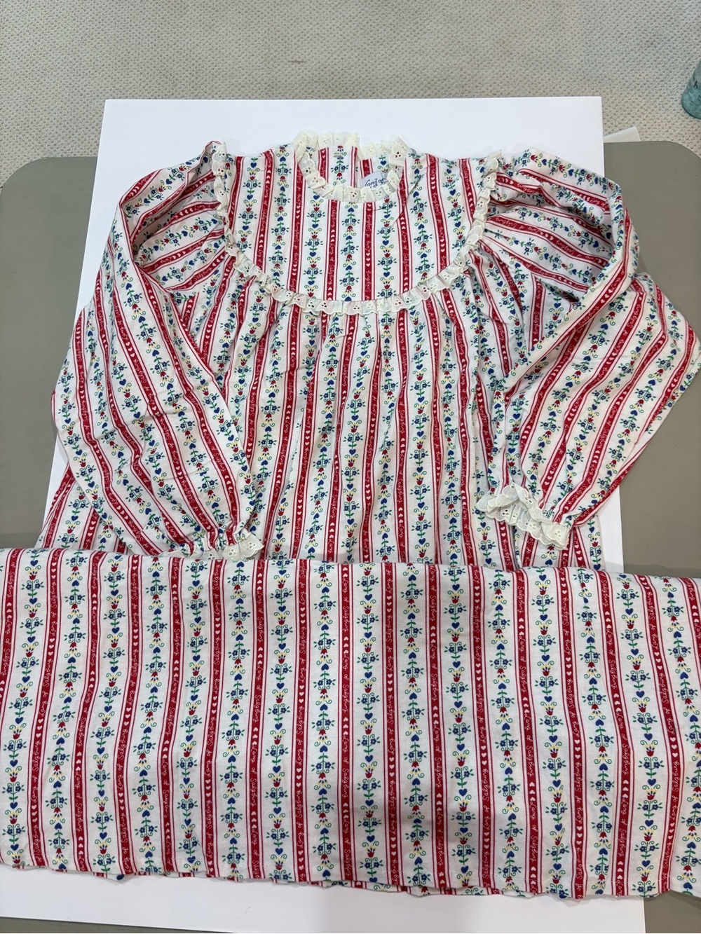Classic Red-Striped Floral Nightgown with Lace Trim